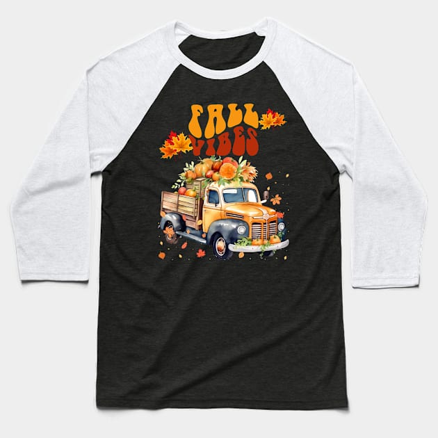 Fall Vibes Pumpkin Vintage Truck Baseball T-Shirt by MyVictory